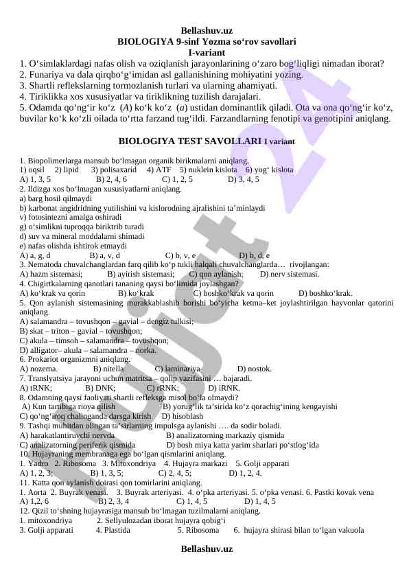Biologiya 9-sinf yozma so‘rov savollari i-variant