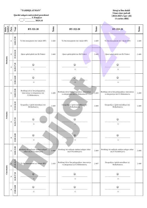 Sirtqi ta'lim shaklida dars jadvali 2024-2025