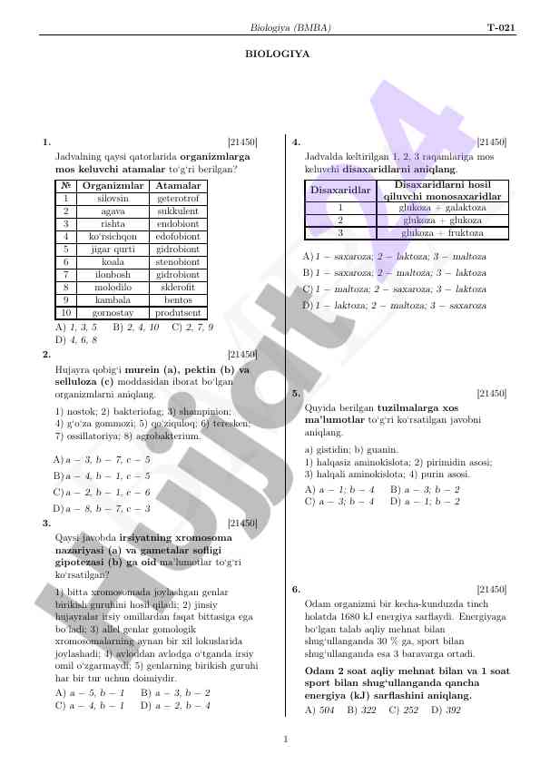 Biologiya savollari va javoblari tahlili