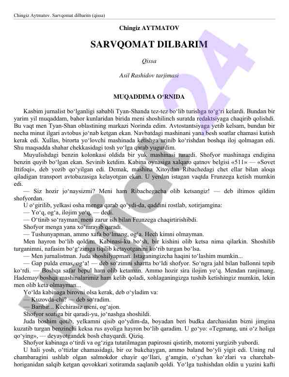 Chingiz aytmatov sarvqomat dilbarim qissa tahlili