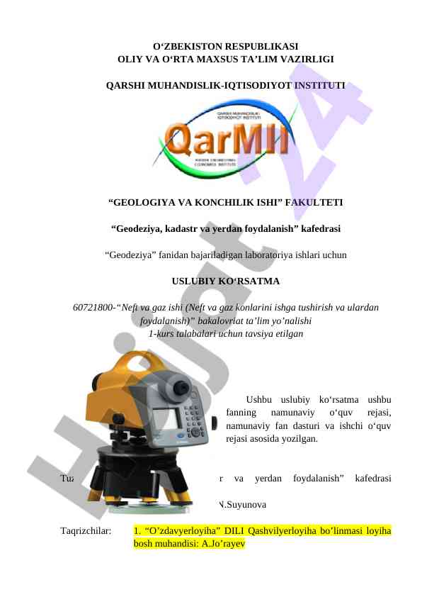 Geodeziya fanidan laboratoriya ishlari uslubiy ko'rsatma