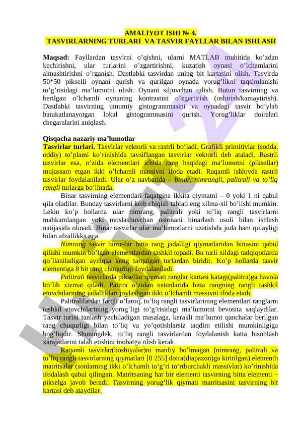 Tasvirlarning turlari va tasvir fayllar bilan ishlash