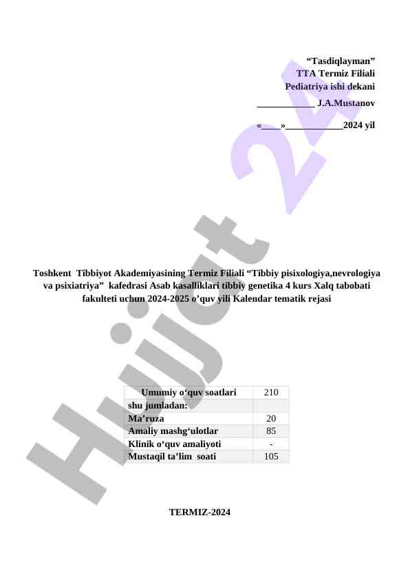 Asab kasalliklari tibbiy genetika kalendar rejasi 2024-2025