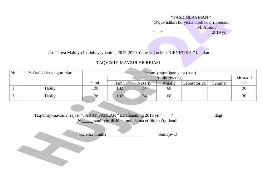 Genetika fanidan ta'lim rejasi 2019-2020 yil