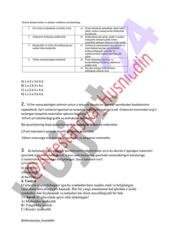 Ta'lim samaradorligini oshirish bo'yicha baholash testi