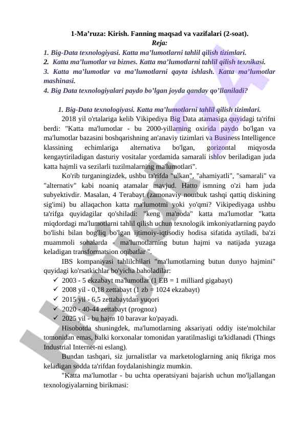 Big data texnologiyalari: kirish va tahlil