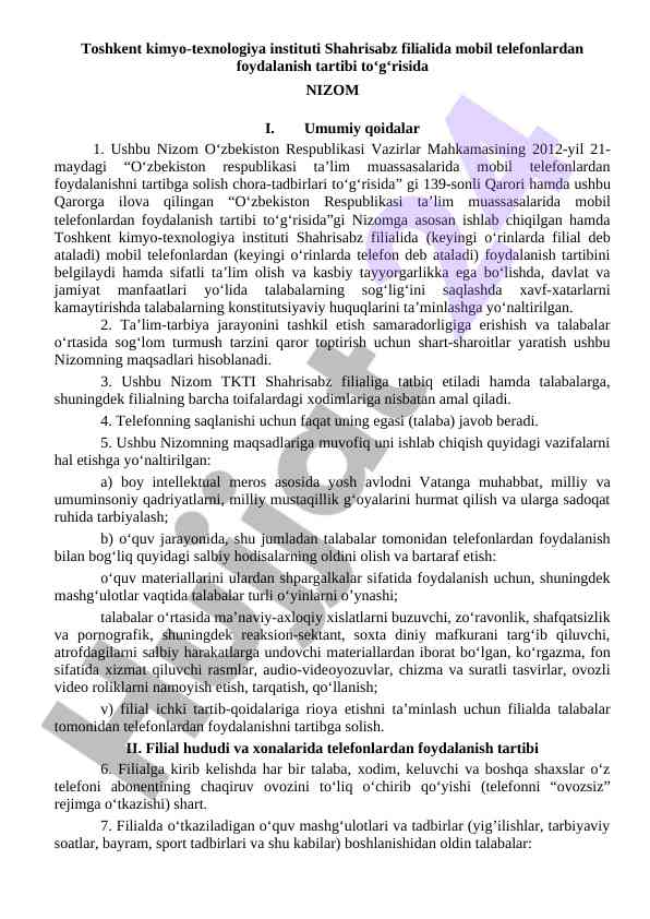 Mobil telefonlardan foydalanish tartibi nizomi