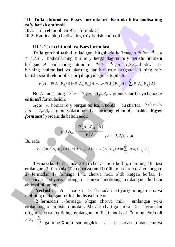 To'la ehtimol va bayes formulalari analizi
