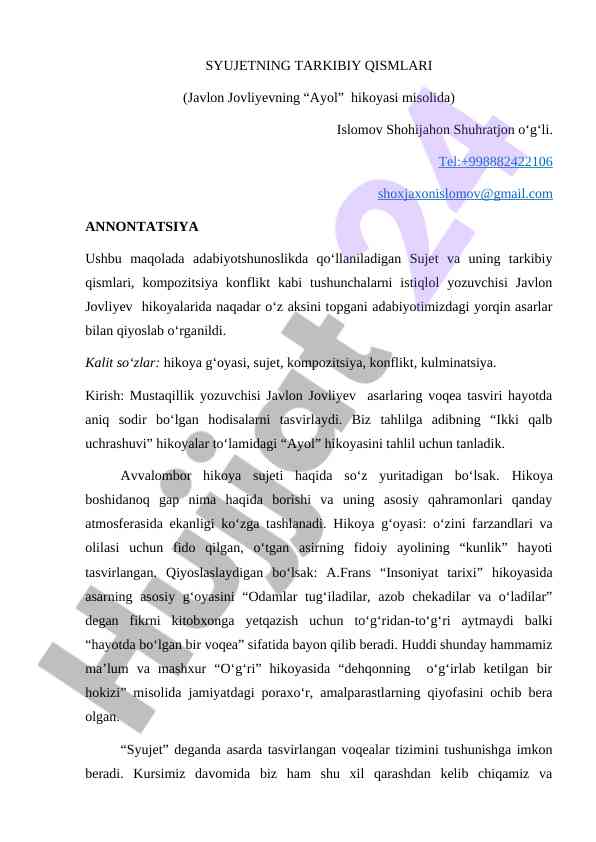 Ayol hikoyasida sujet va tarkibiy qismlar