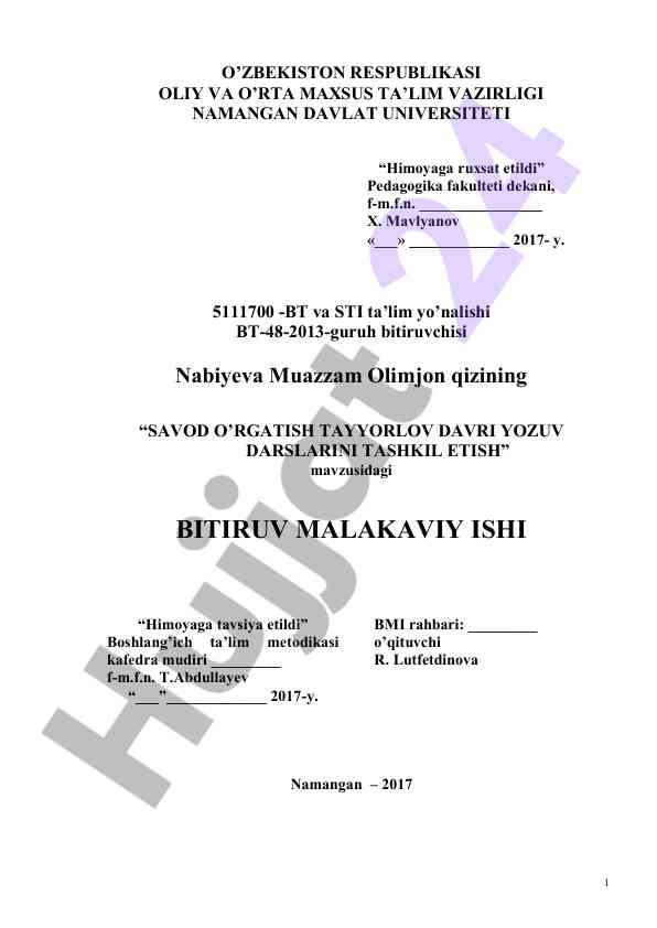 Savod o’rgatish tayyorlov davri yozuv darislari tashkili