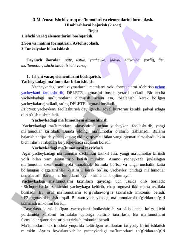 Ishchi varaq elementlarini formatlash va boshqarish