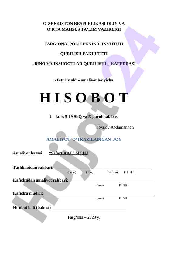 Bino va inshootlar qurilishi amaliyot hisoboti