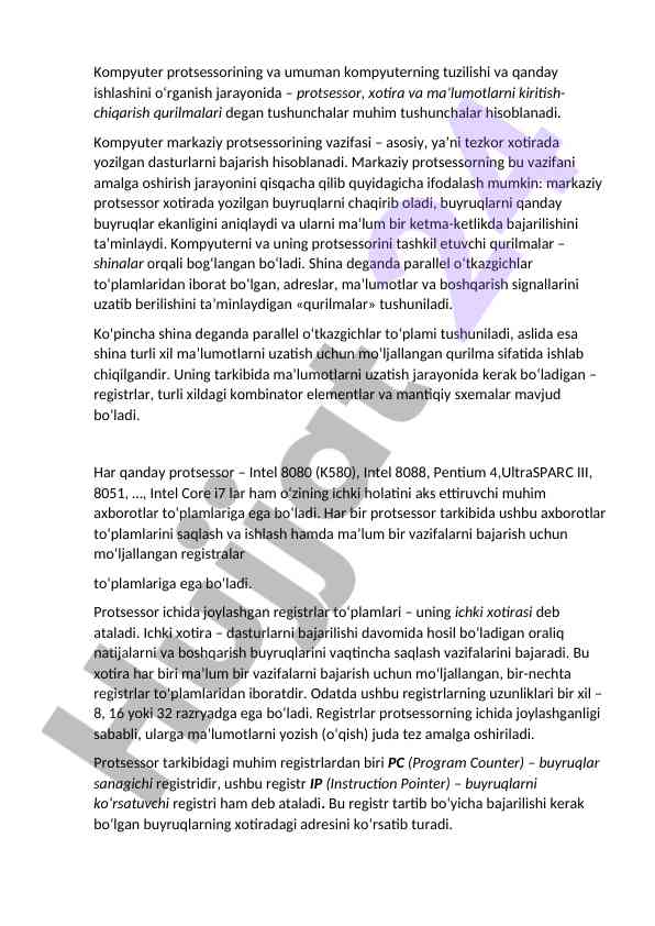 Kompyuter protsessorining tashkili va ishlash jarayoni