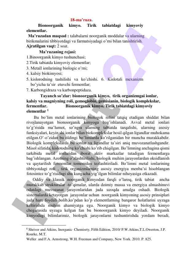 Bionoorganik kimyo tirik tabiatdagi elementlar