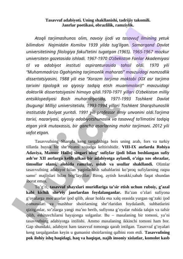 Tasavvuf adabiyoti va tarjima tarixi tadqiqoti