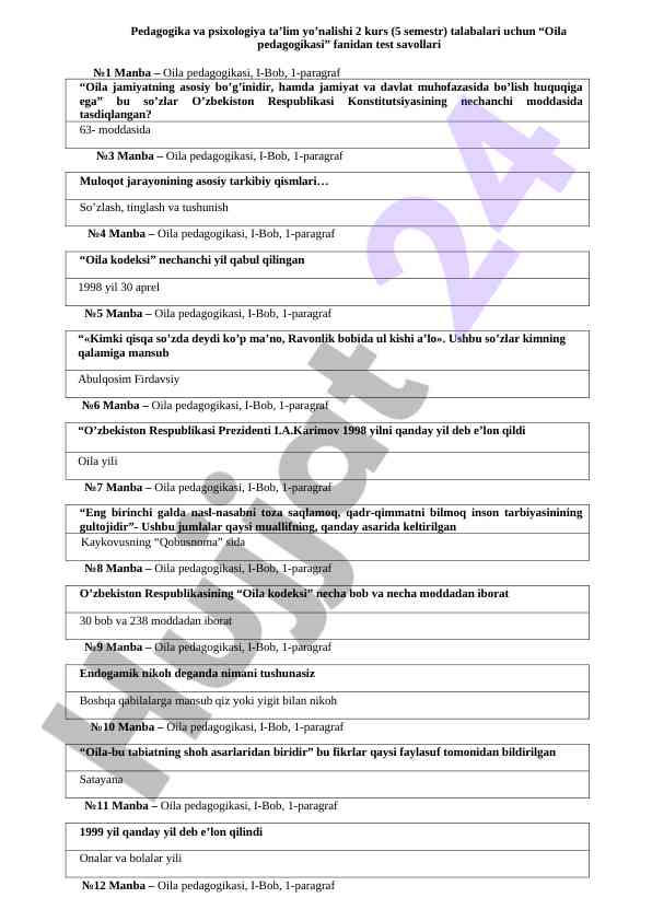 Oila pedagogikasi fanidan test savollari №1
