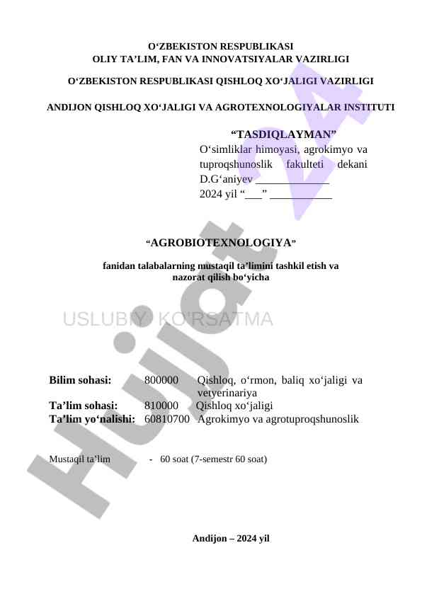 Agrobiotexnologiya fanidan mustaqil ta'lim uslubiy qo‘llanma