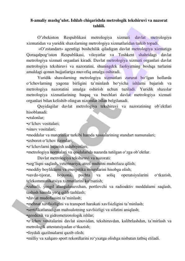 Metrologik tekshiruv va nazorat tahlili