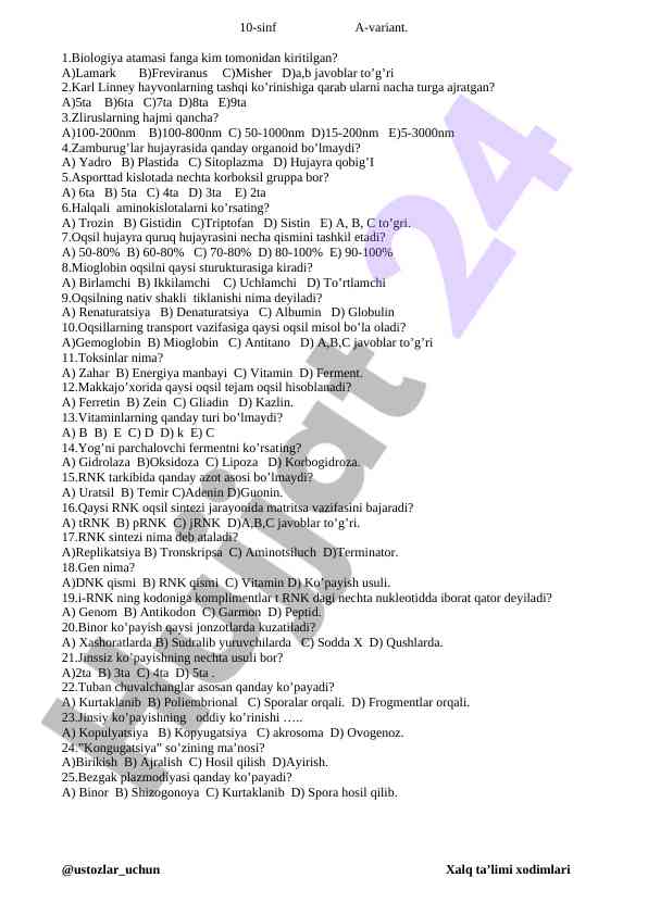 10-sinf biologiya test savollari