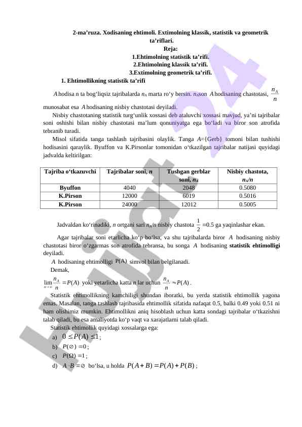 Ehtimolning ta'riflari va statistik tahlillari