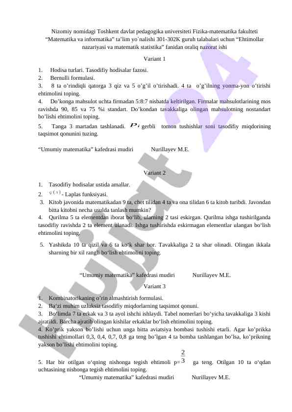 Ehtimollar nazariyasi va matematik statistika nazorat ishti