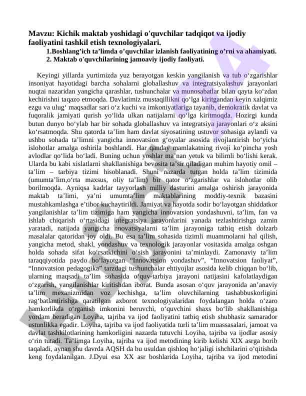 Kichik maktab yoshidagi o'quvchilar faoliyati tahlili