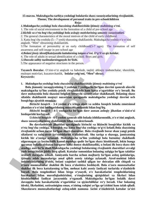 Shaxs xususiyatlari rivojlanishi maktabgacha tarbiya