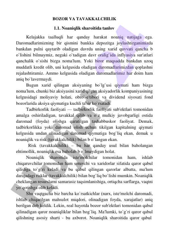 Bozor va tavakkalchilik tahlili