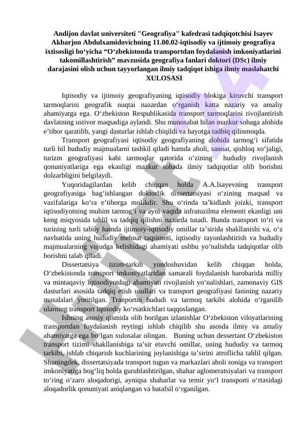 O‘zbekistonda transportdan foydalanish imkoniyatlari