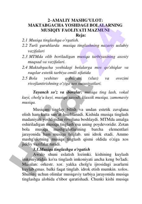 Maktabgacha musiqiy faoliyatini o'rgatish rejasi