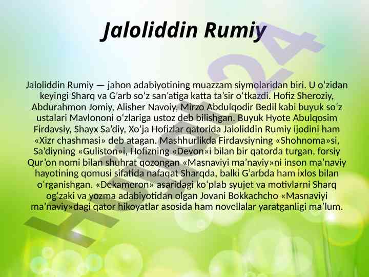 Jaloliddin rumiy va forsiy adabiyotdagi ta'siri