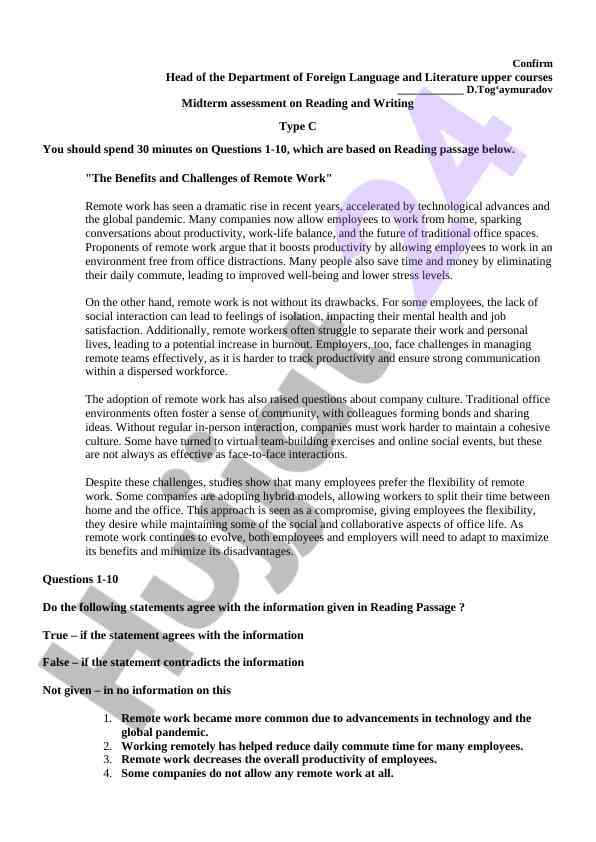 Midterm assessment on reading and writing challenges
