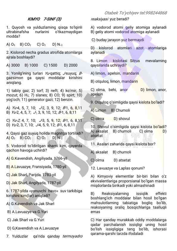 Kimyoviy tollardan savollar bilan test