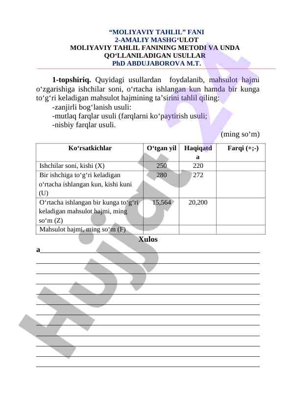 Moliyaviy tahlil fani 2-amaliy mashgʻulot