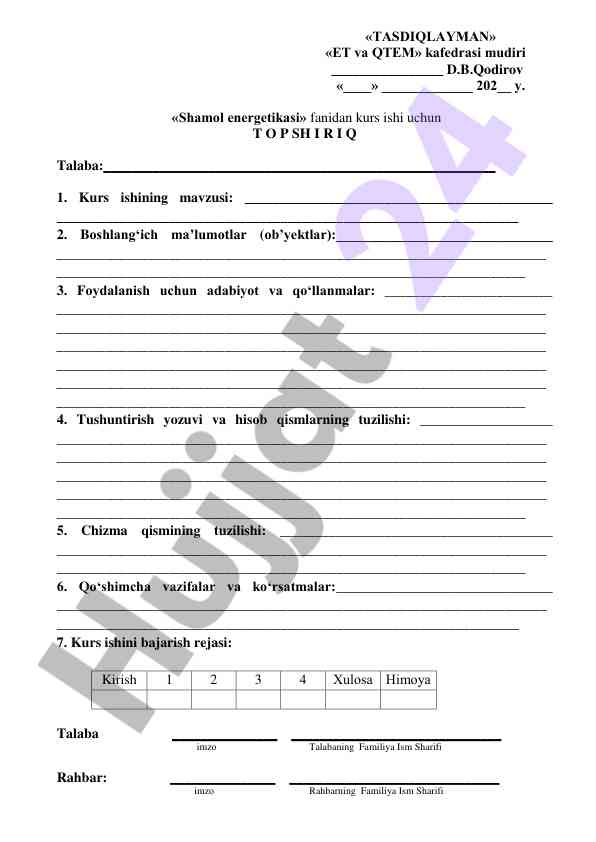 Shamol energetikasi fanidan kurs ishining mavzusi