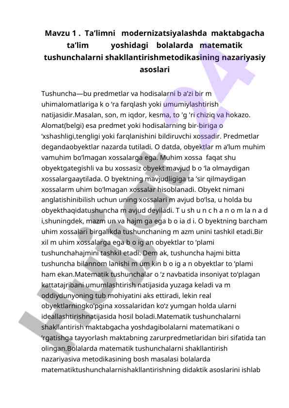 Maktabgacha ta'limda matematik tushunchalar