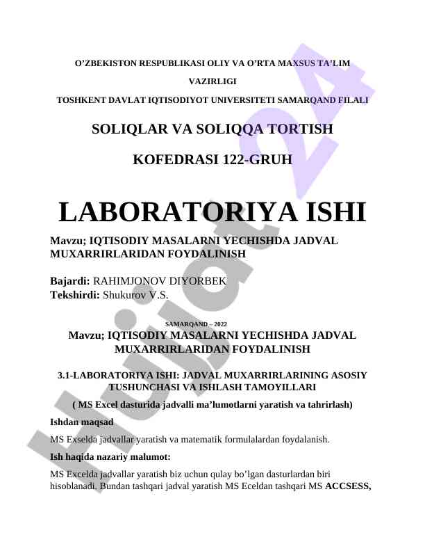 Jadval muxarrirlaridan foydalanish laboratoriya ishlari