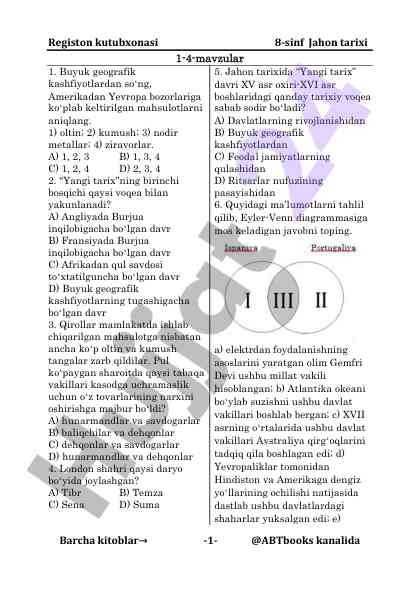 Jahon tarixi 8-sinf test savollari
