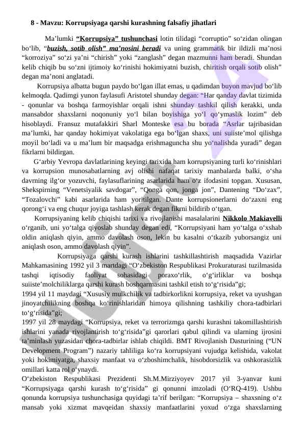 Korrupsiyaga qarshi kurashning falsafiy jihatlari