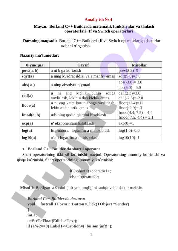 Borland c++ builderda matematik funktsiyalar