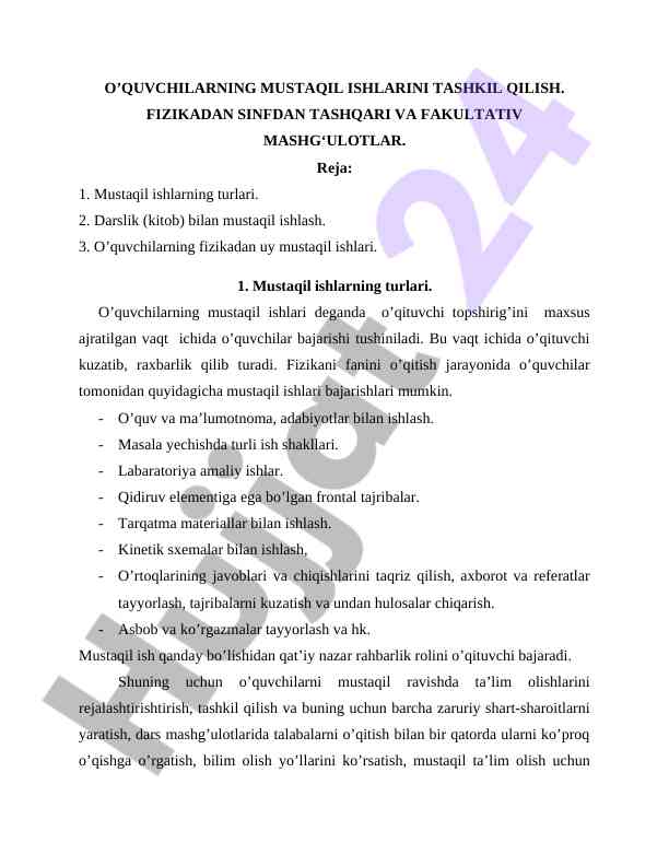 O'quvchilar uchun mustaqil ishlarni tashkil qilish