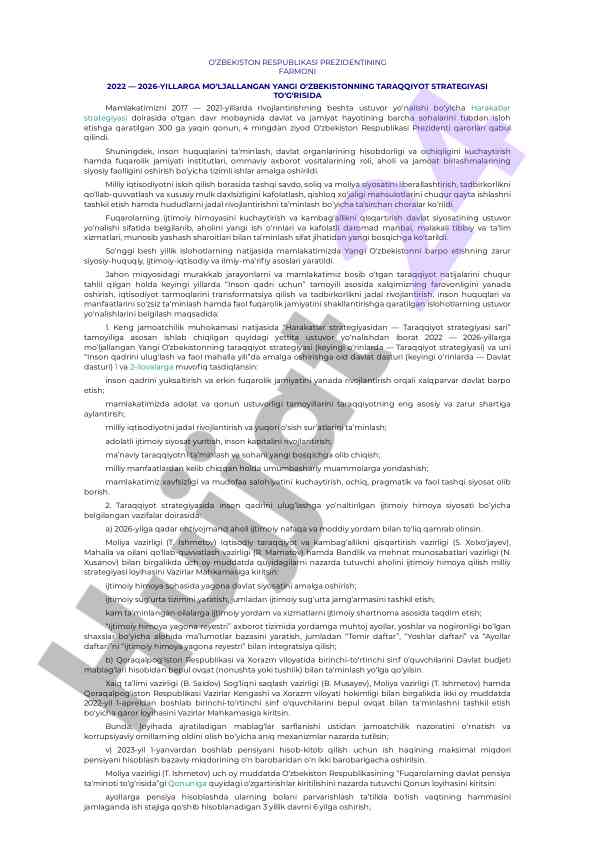Yangi o‘zbekistonning taraqqiyot strategiyasi 2022-2026