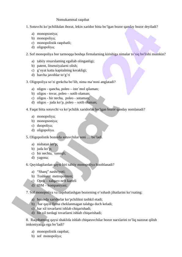 Oligopoliya va monopoliya bozorlari testi