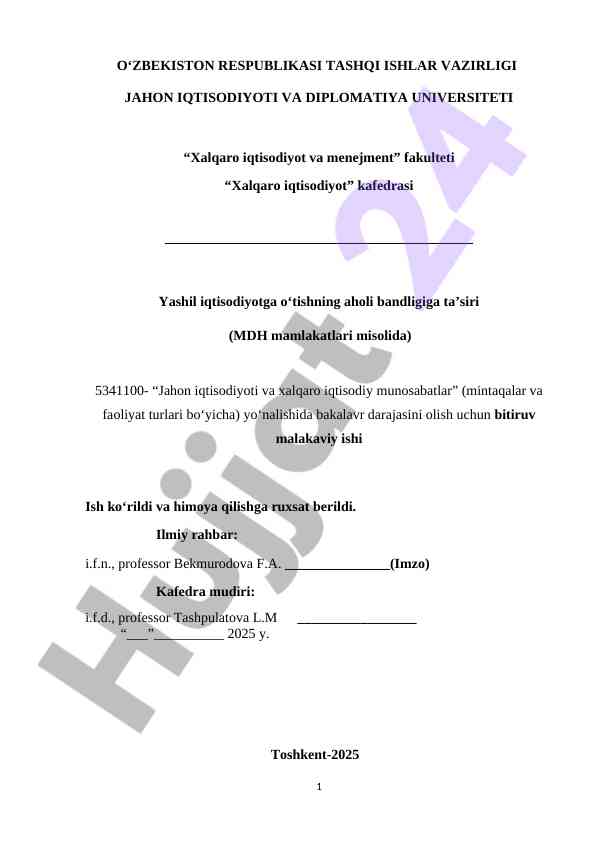 Yashil iqtisodiyotga o‘tishning aholi bandligiga ta’siri