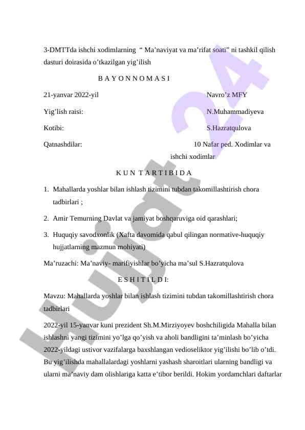 Mahallarda yoshlar bilan ishlash tizimini takomillashtirish