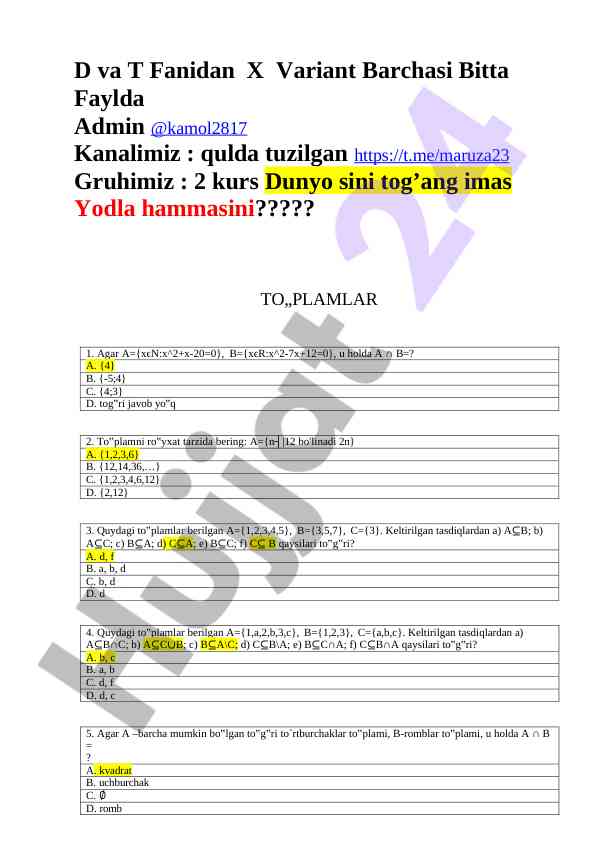 Matematika mantiqi va kombinatorikaga oid materiallar