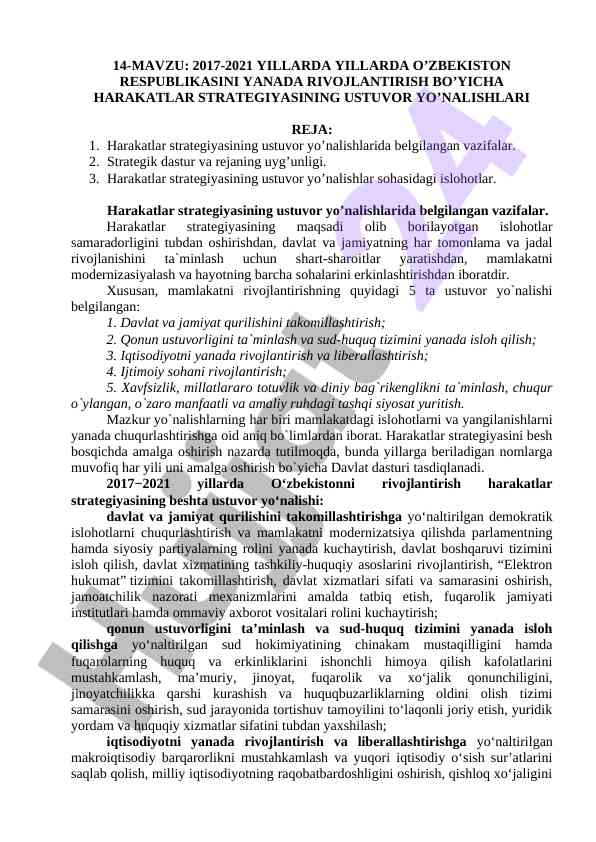 O‘zbekiston respublikasini rivojlantirish strategiyasi 2017-2021