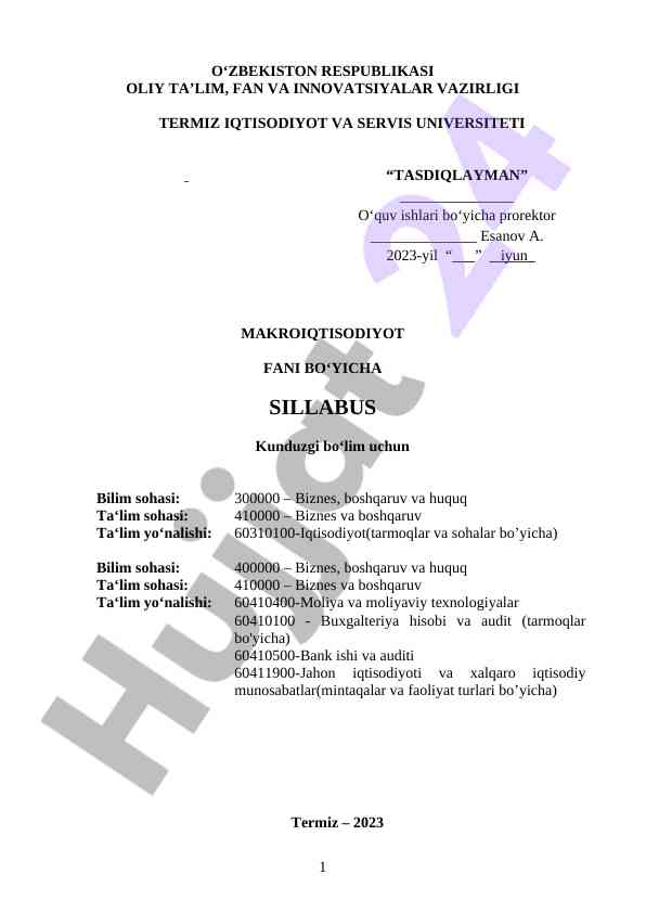 Makroiqtisodiyot fani boʻyicha sillabus