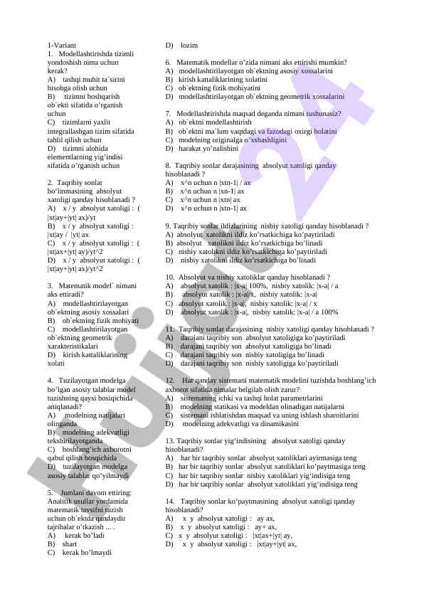 Tizimli yondashish va matematik modellar haqida test
