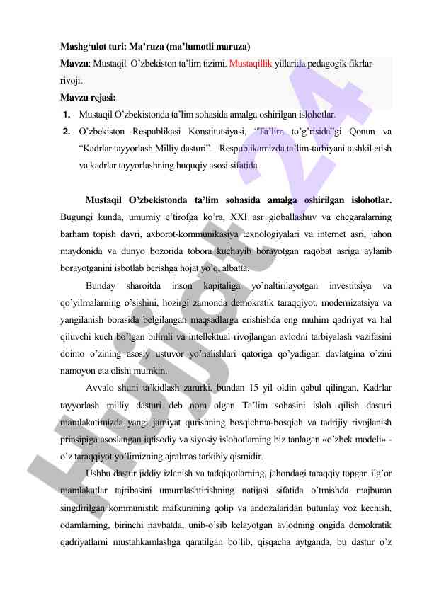 Mustaqil o'zbekiston ta'lim tizimi rivoji